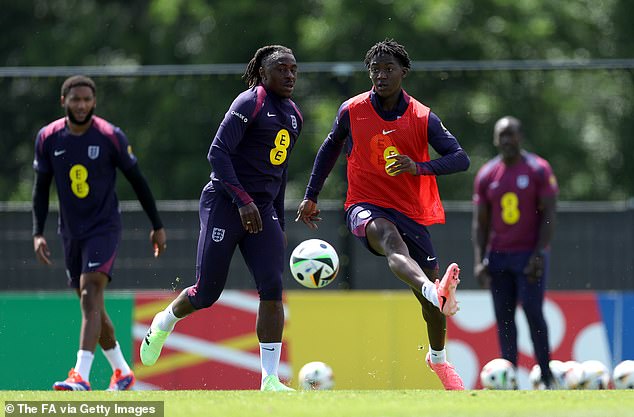 Kobbie Mainoo (right) and Eberechi Eze (left) in action as England prepare to take on Denmark