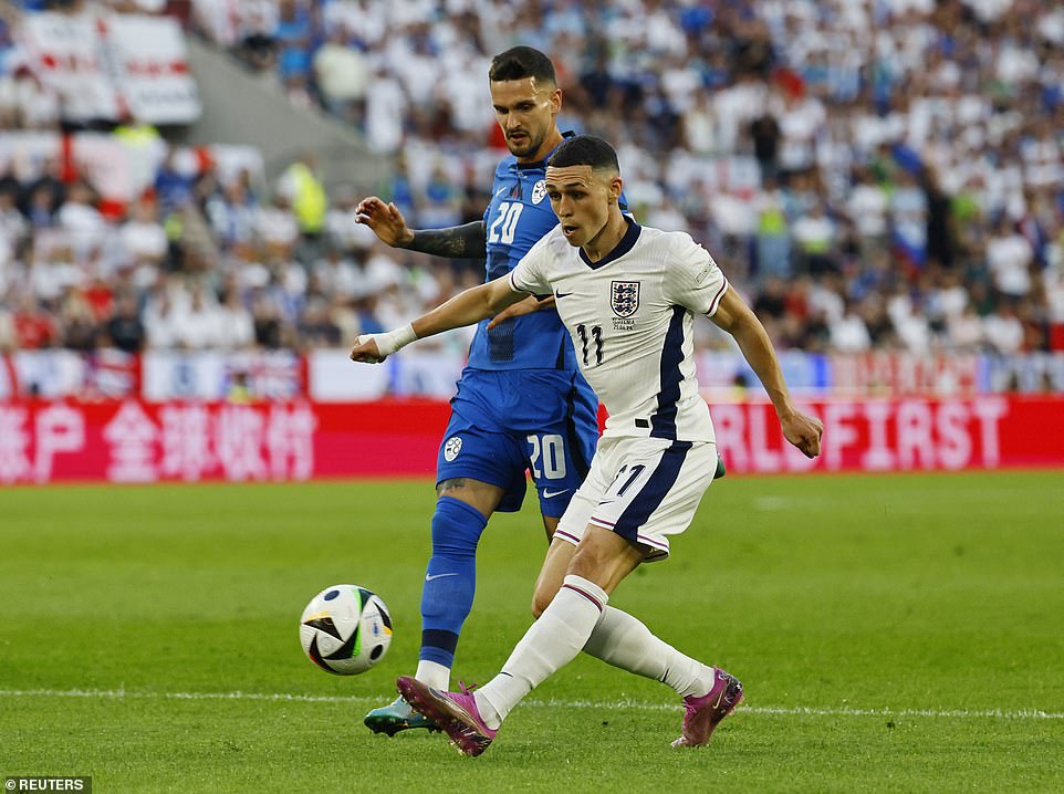 Slovenia's Petar Stojanovic in action with England's Phil Foden at this evening's match in Germany