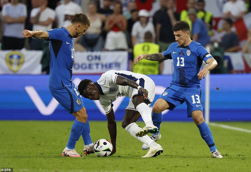 Jan Mlakar of Slovenia, Bukayo Saka of England, and Erik Janza of Slovenia in action during tonight's clash between England and Slovenia