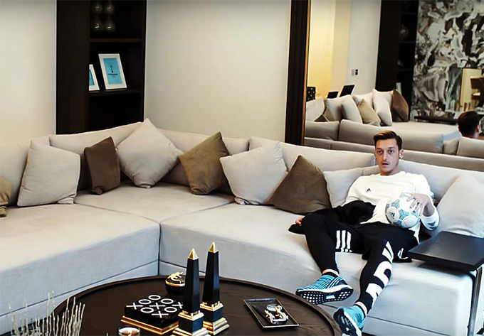 The Arsenal midfielder relaxes in his living room next to his dog.